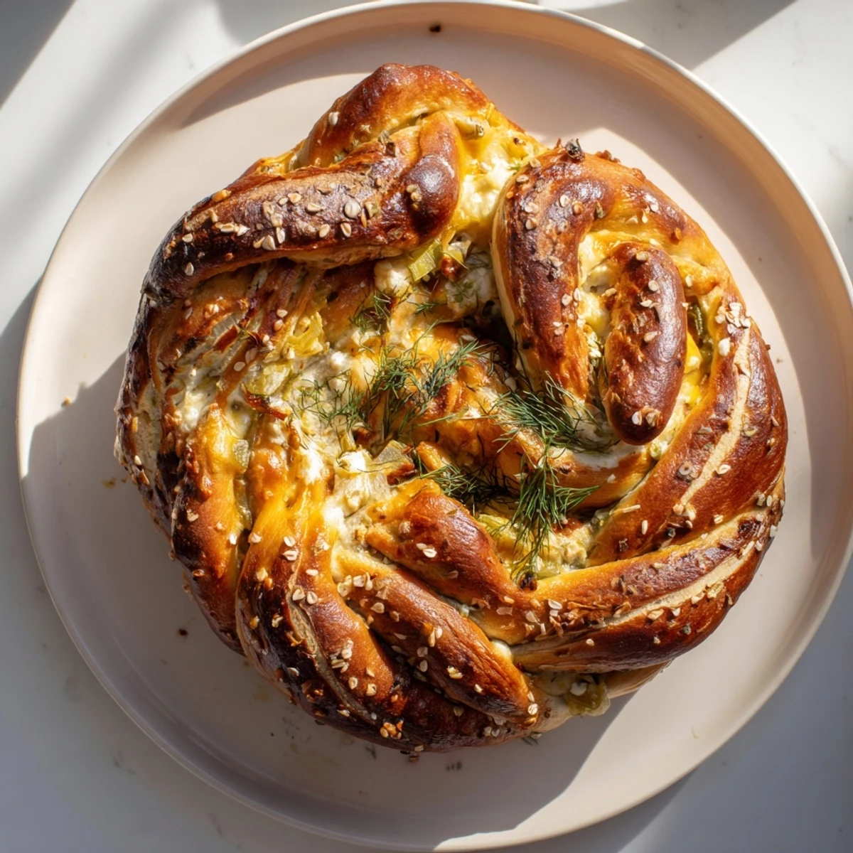 Savory layers of Chaos Pretzel Cake with Pickle Swirl, drizzled with cheese and pickles.