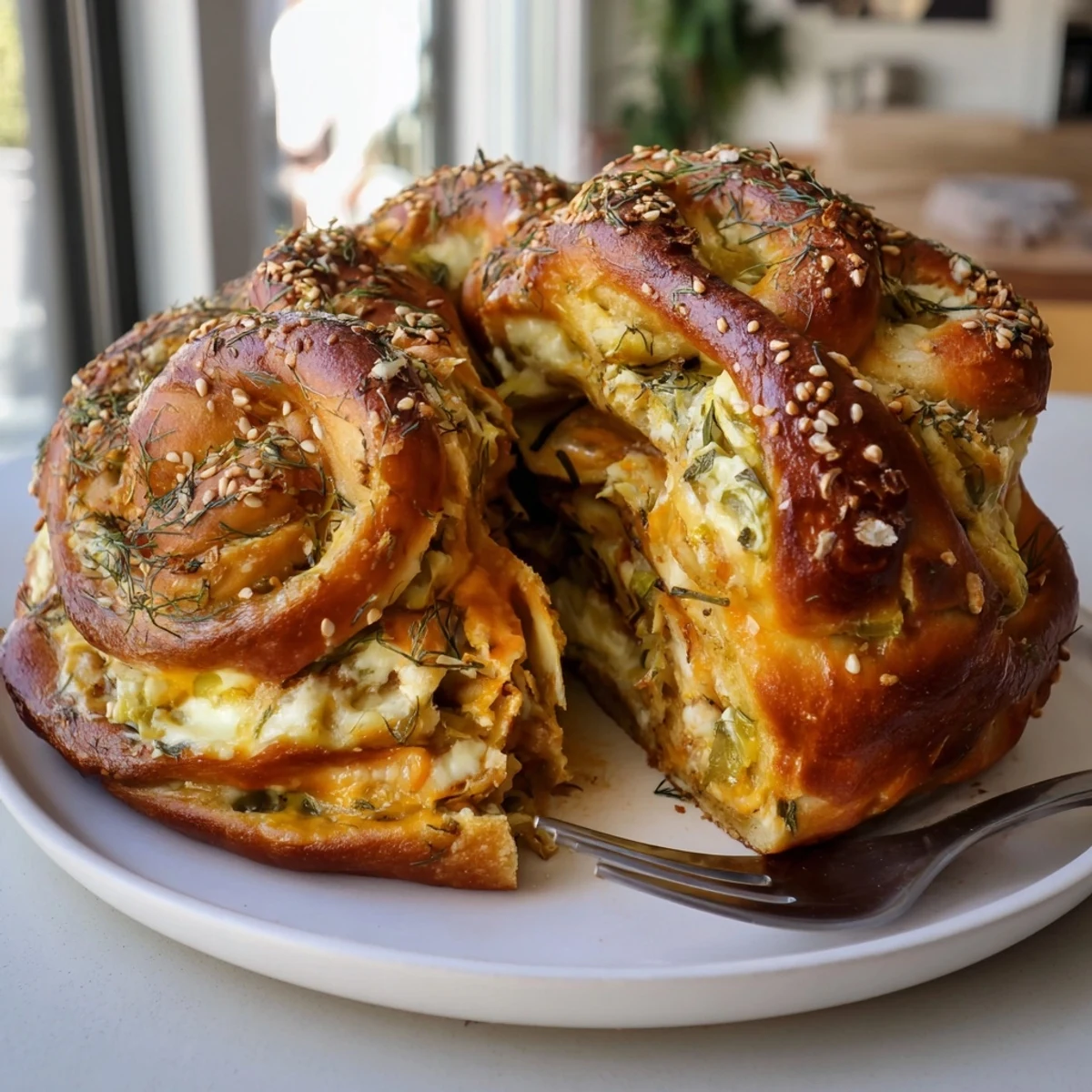 Golden-brown Chaos Pretzel Cake with Pickle Swirl, ideal for sharing at parties.