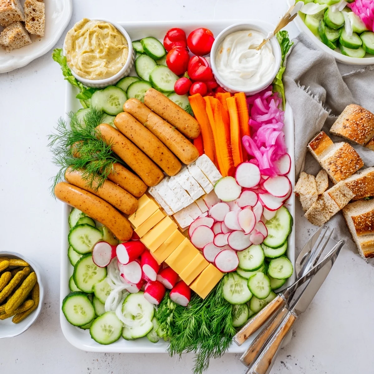 Hearty plant-based vegan bratwurst charcuterie board, perfect for entertaining guests.