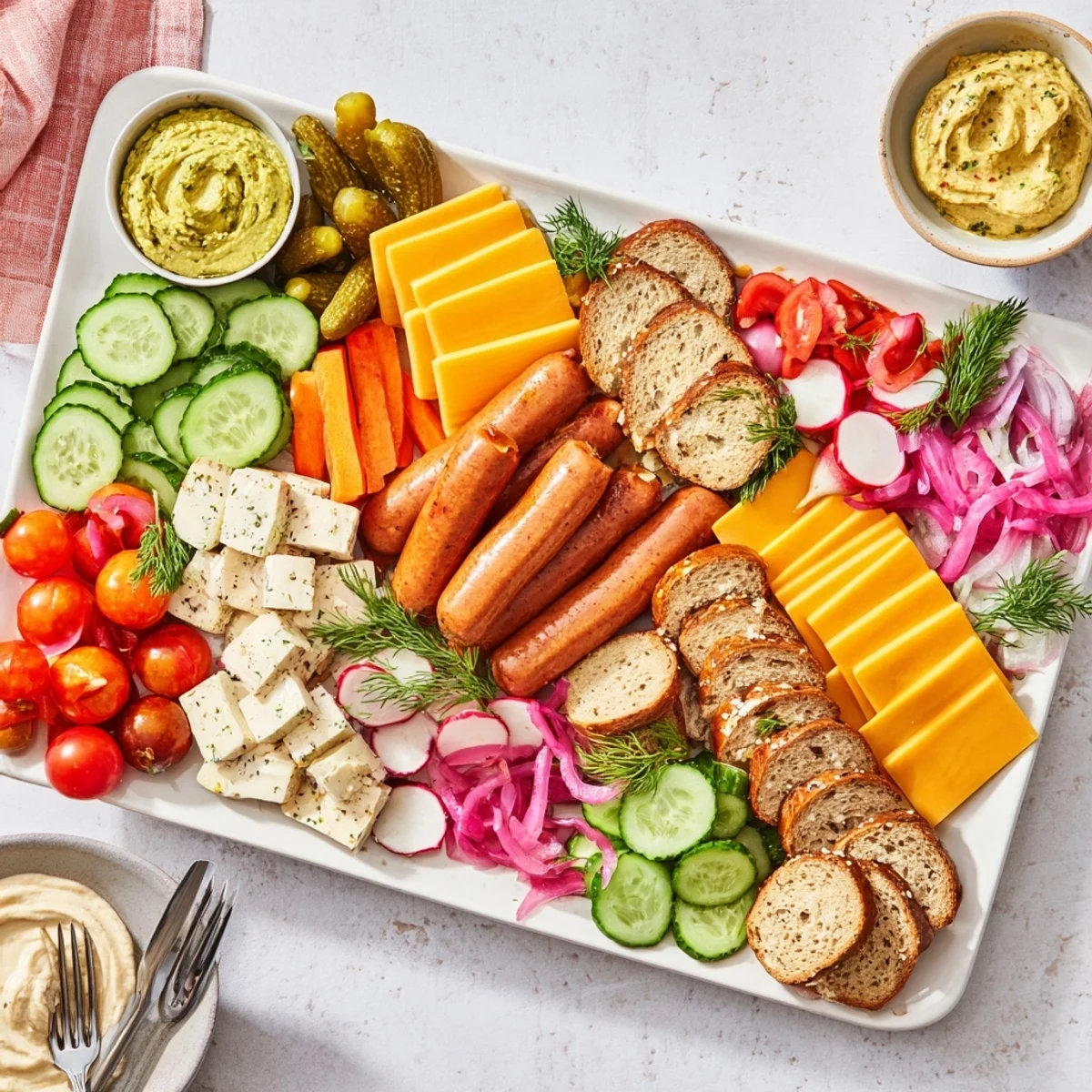 Savory vegan bratwurst platter featuring dips, fresh produce, and artisanal cheeses.