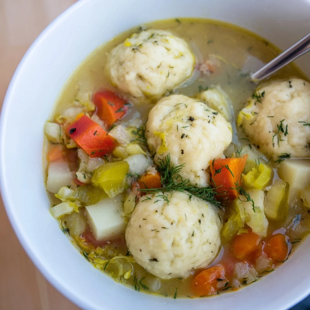 Pillowy potato dumplings immersed in tangy Dill Pickle Potato Dumpling Soup, perfect for cozy meals.