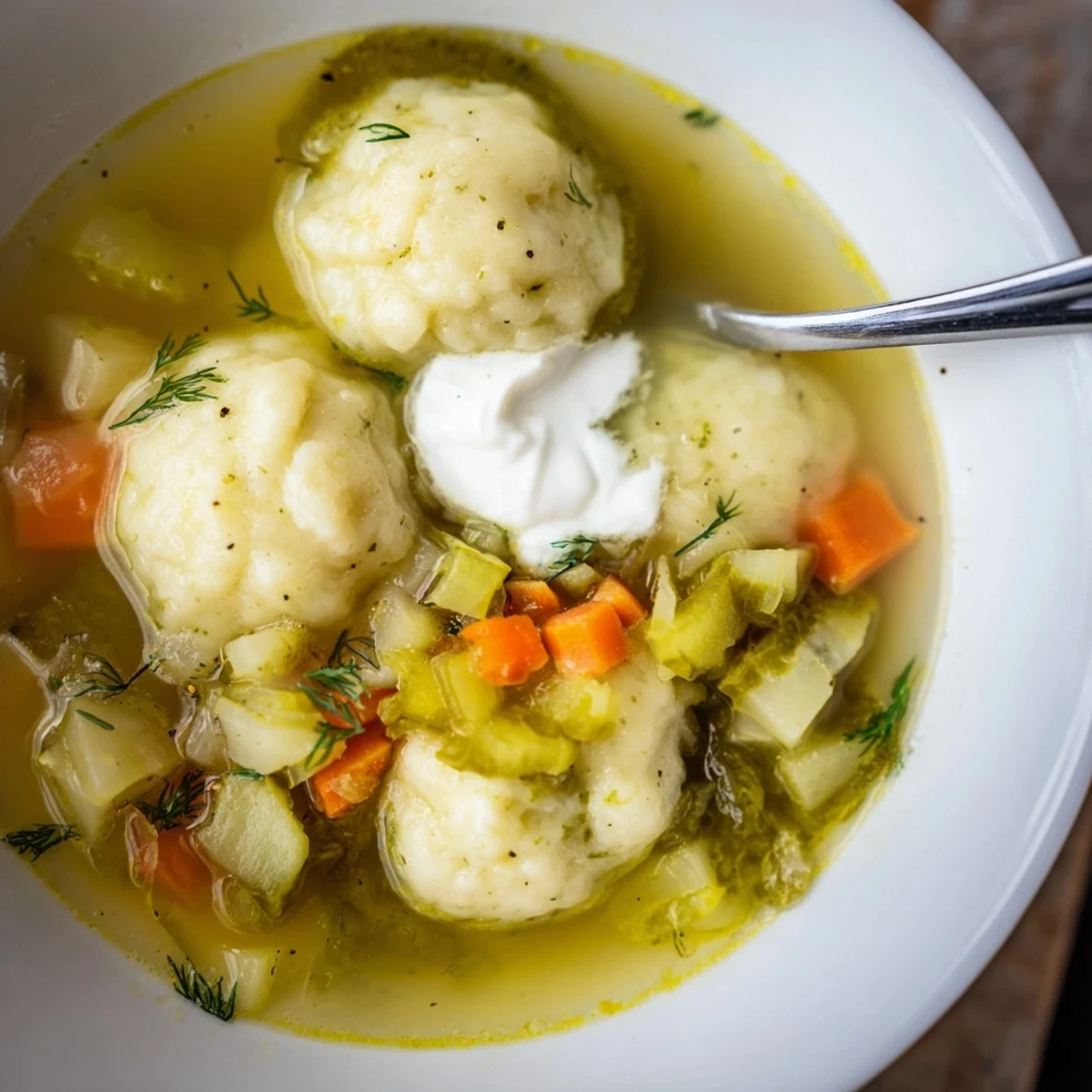 A warm bowl of Dill Pickle Potato Dumpling Soup, bursting with dill flavor and creamy sour cream.