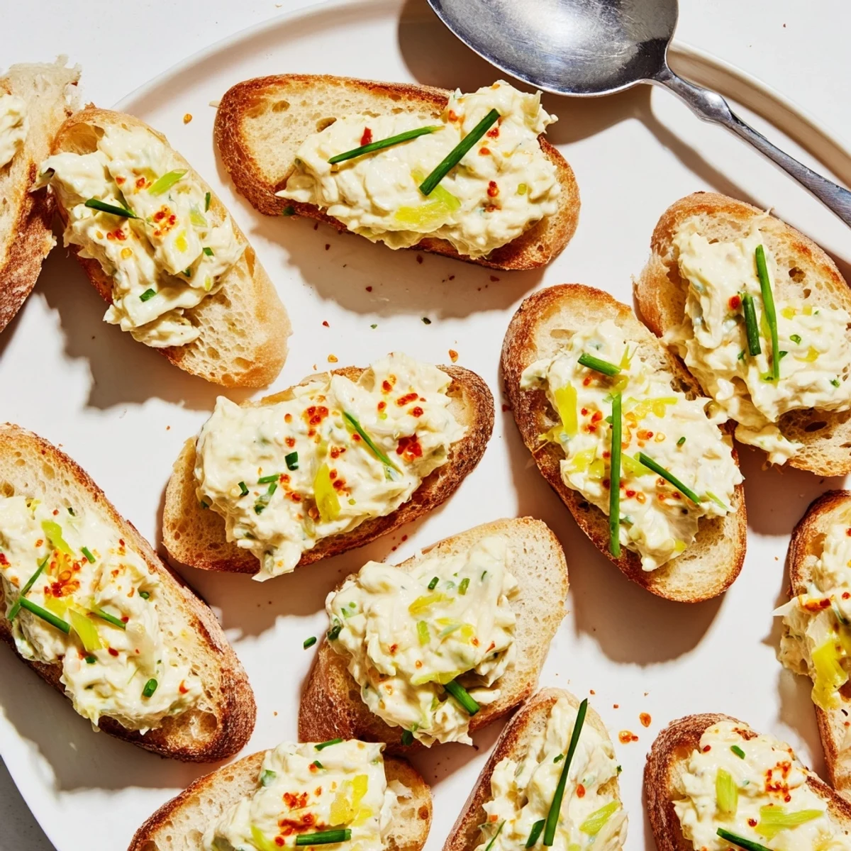 Creamy spicy sauerkraut dip crostini topped with fresh chives and paprika.