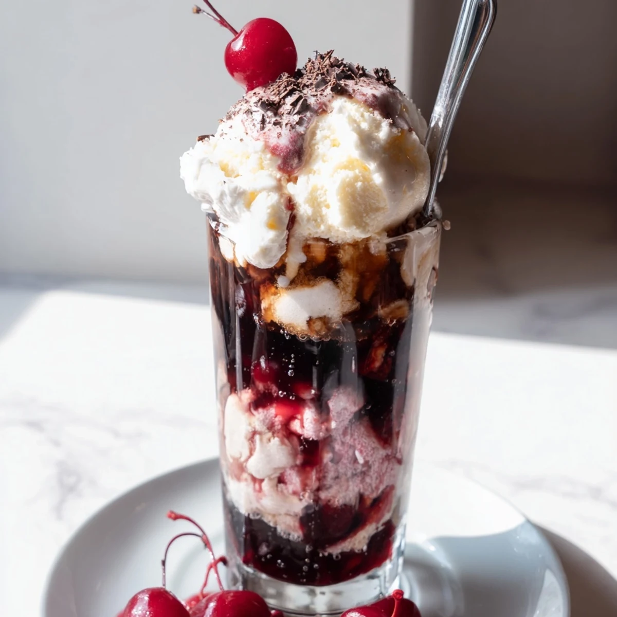 Indulge in a vibrant Black Forest Cherry Rebel Float topped with whipped cream.  