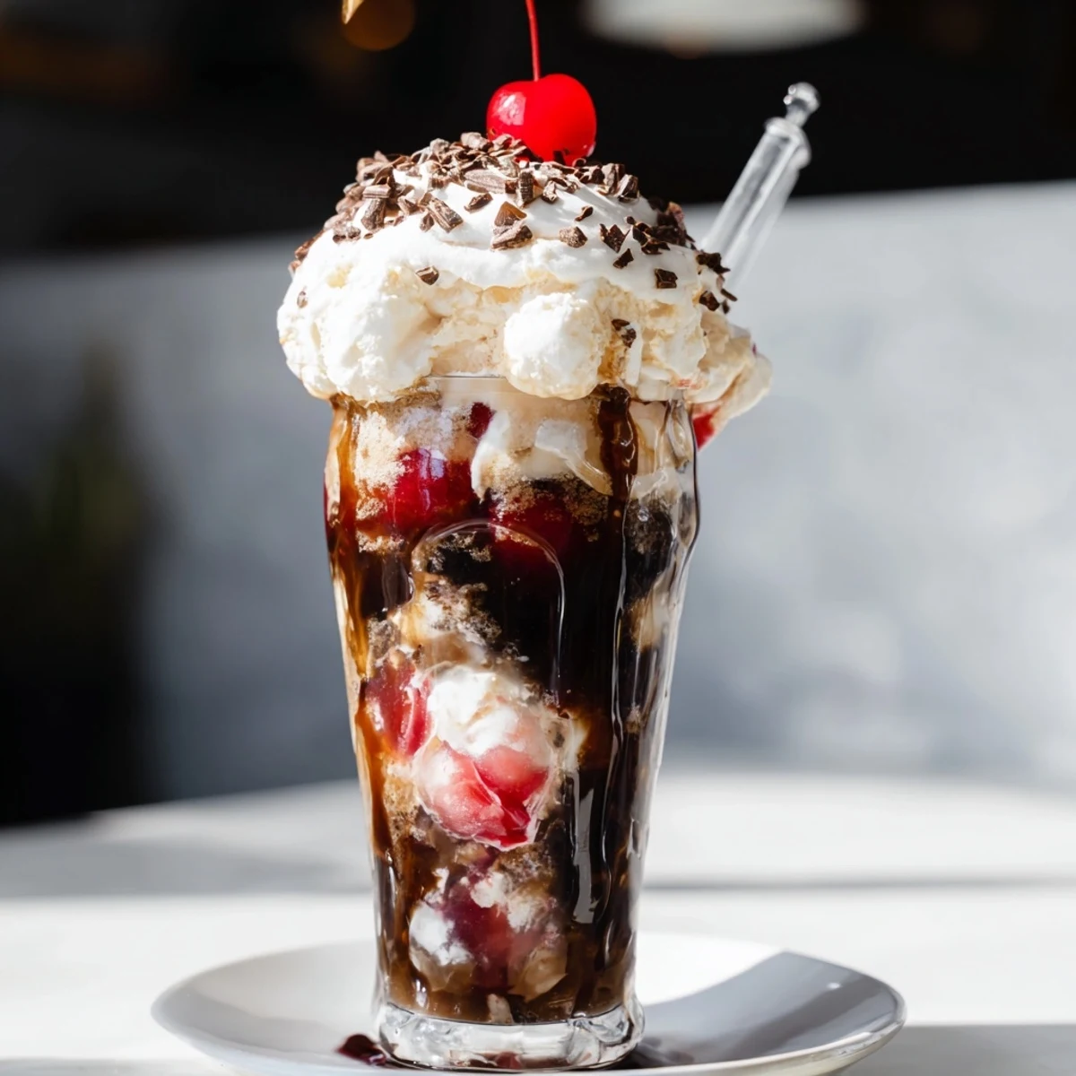 A delicious Black Forest Cherry Rebel Float with chocolate and cherry flavors.  