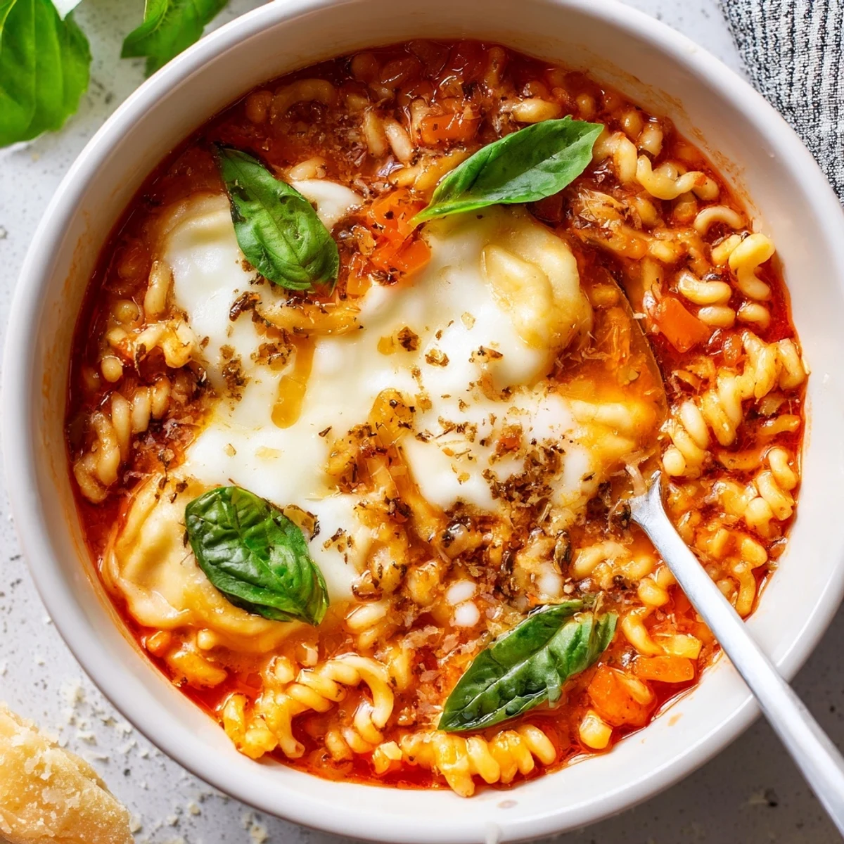 Cheesy Spaetzle Lasagne Soup with melted cheese and fresh basil, served in a bowl.