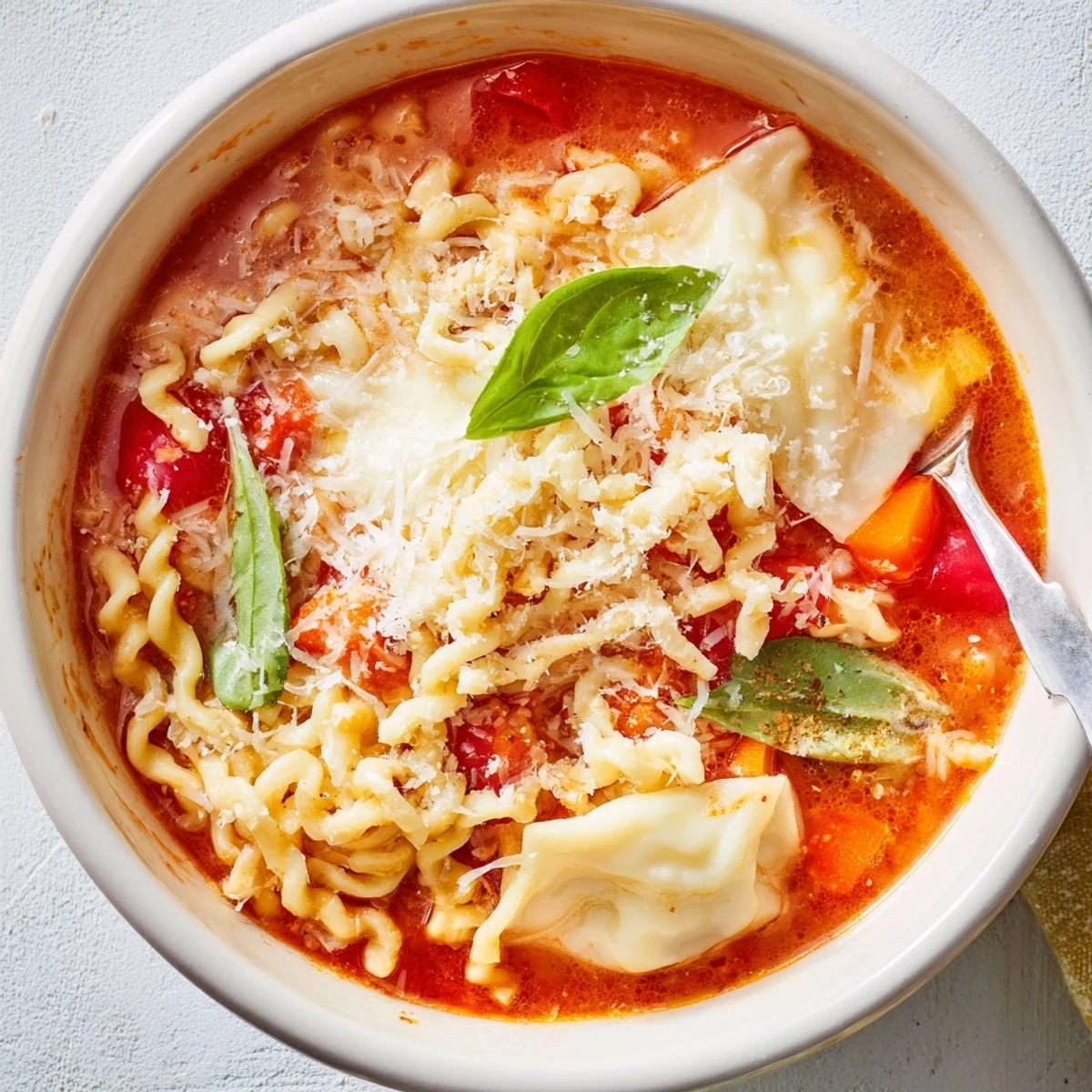 Comforting Cheesy Spaetzle Lasagne Soup garnished with Parmesan and vibrant vegetables.