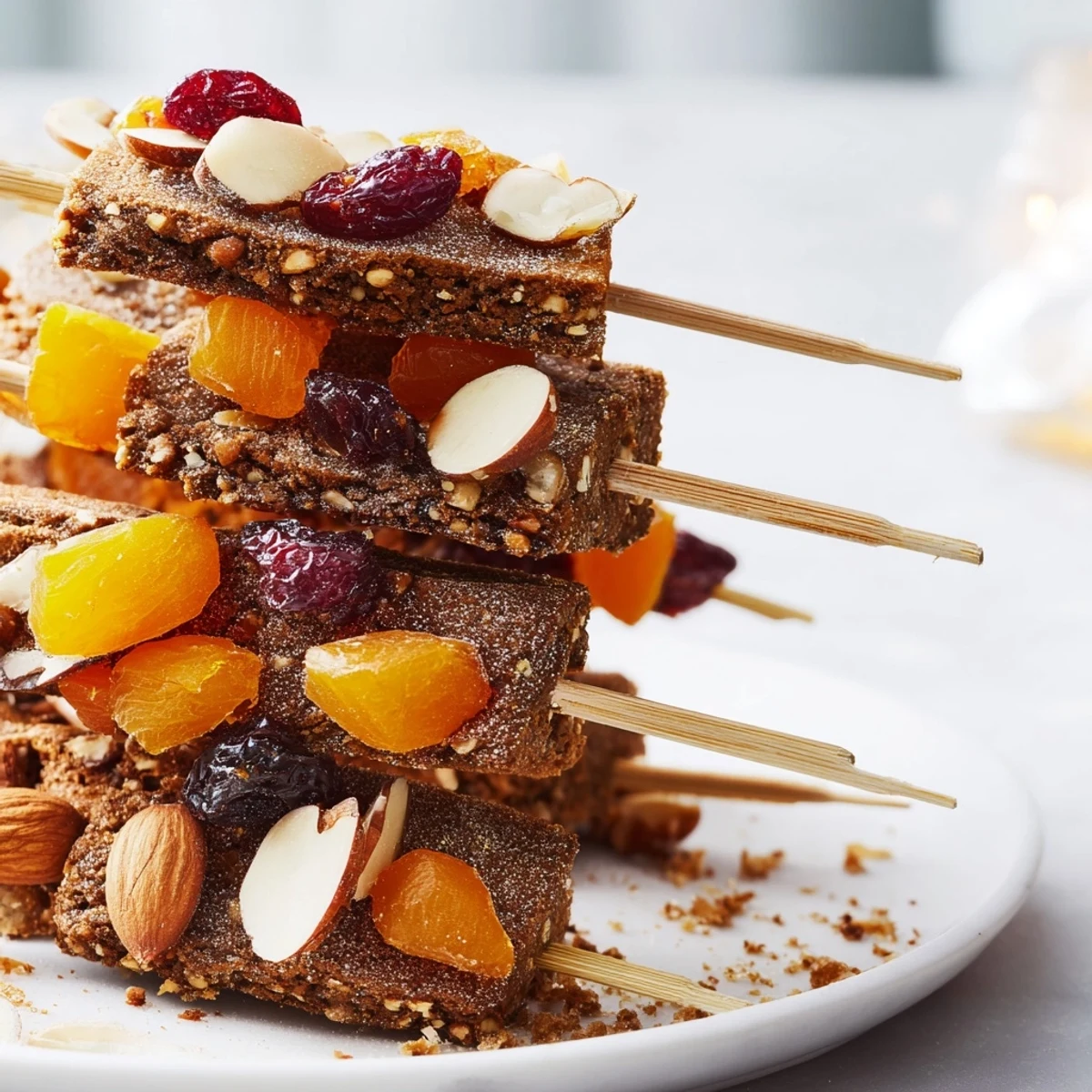 Festive Lebkuchen cookie skewers adorned with colorful dried fruits and crunchy nuts.