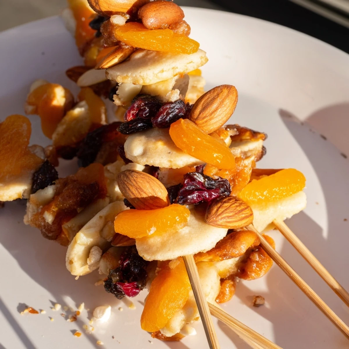 Delightful arrangement of spiced Lebkuchen cookies and vibrant fruit on skewers.