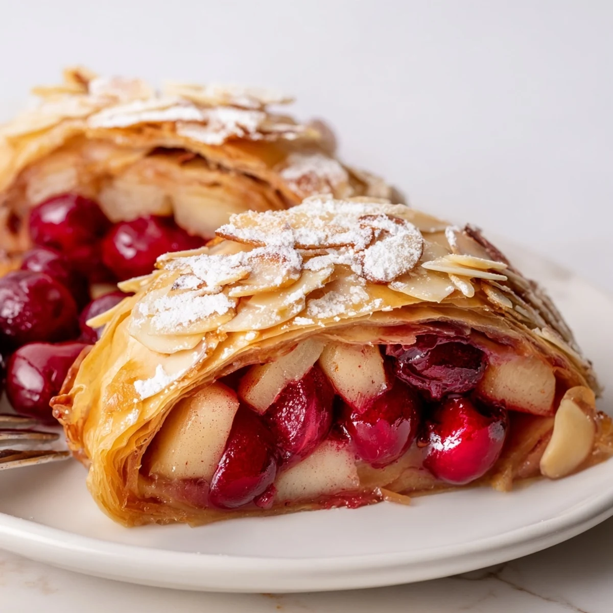 Delicious Cherry Martini Apple Strudel, fresh apples and tart cherries wrapped in flaky pastry.