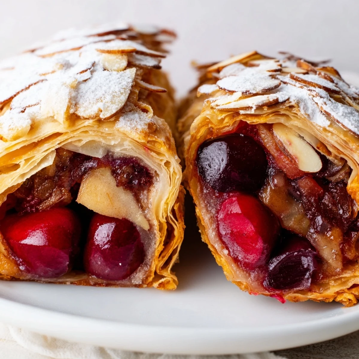 Sliced Cherry Martini Apple Strudel garnished with almonds and powdered sugar, perfect for dessert.