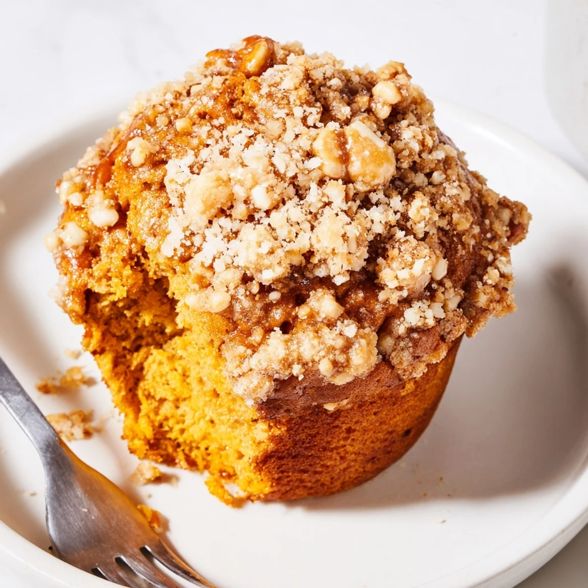 Moist pretzel crumb pumpkin muffins perfect for fall mornings, drizzled with sweetness.
