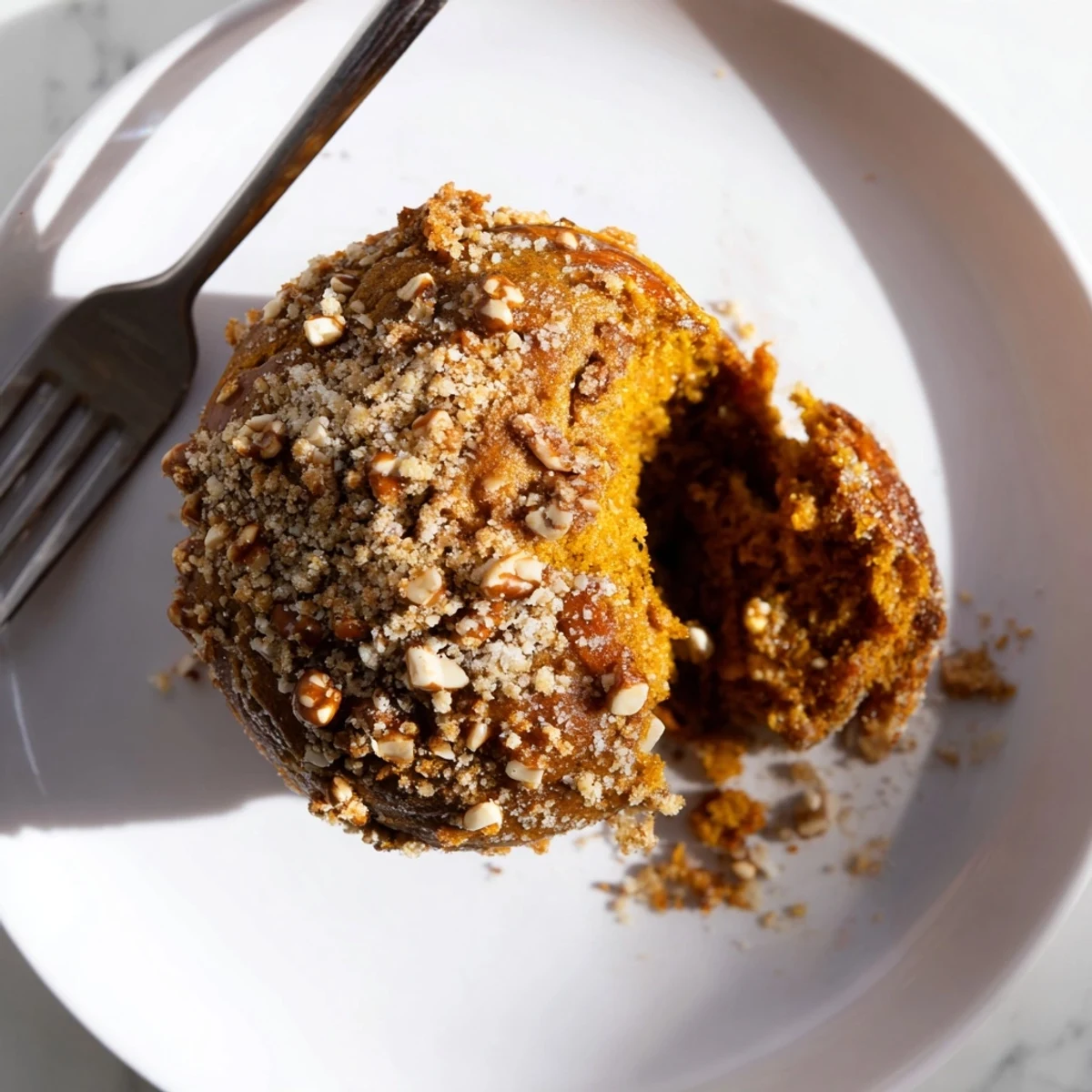 Crunchy pretzel topping enhances these delightful pumpkin muffins, ideal for snack time.