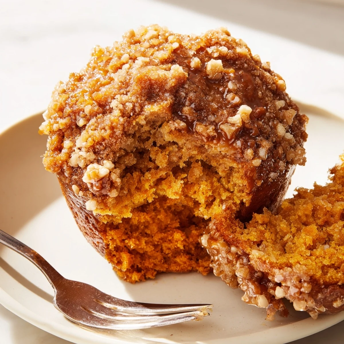 Golden pumpkin muffins with salty-sweet pretzel crumbs, a seasonal treat for everyone.