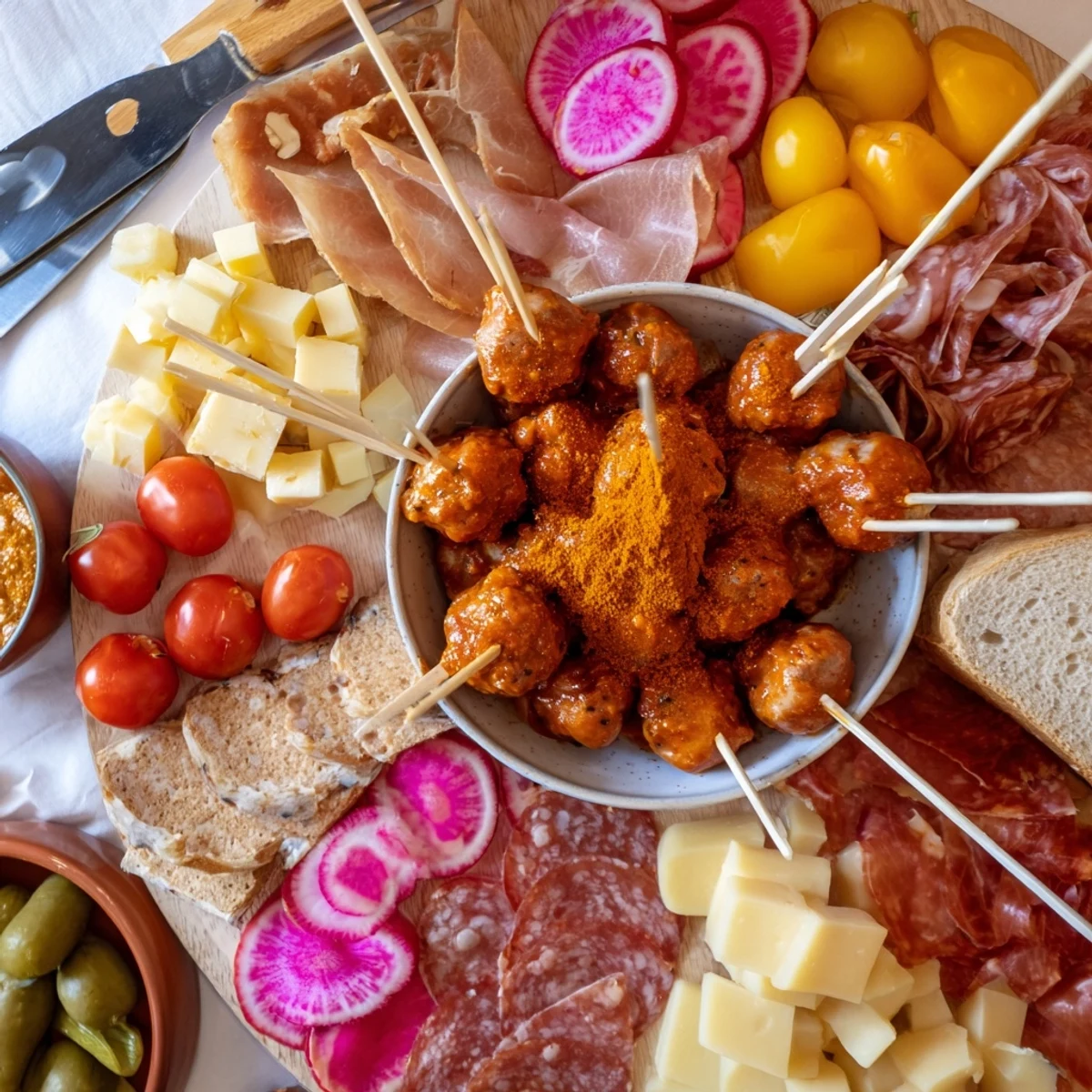 A colorful charcuterie board with Currywurst bites, meats, and assorted cheeses.