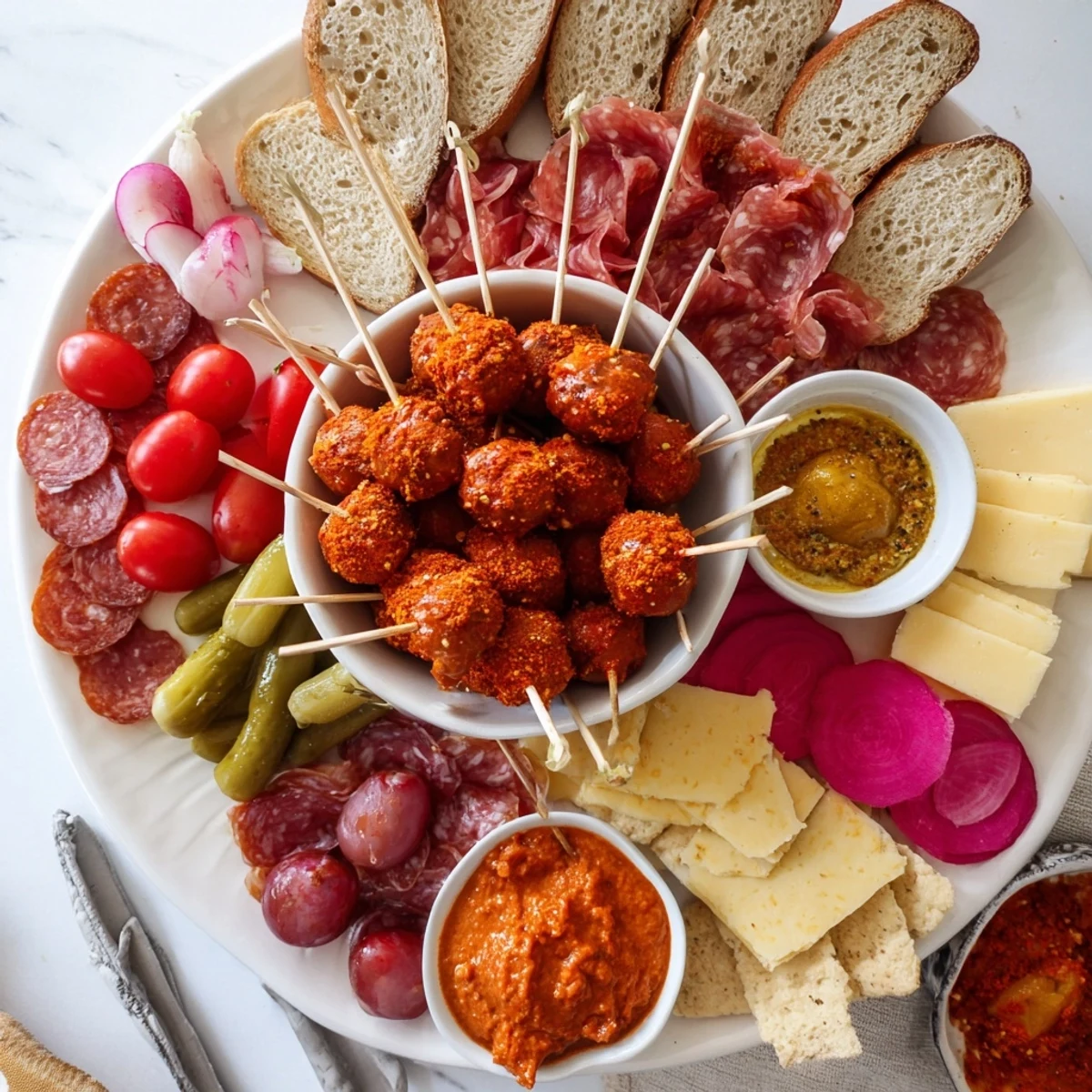 Delicious Currywurst bites arranged with pickles, cured meats, and fresh veggies.