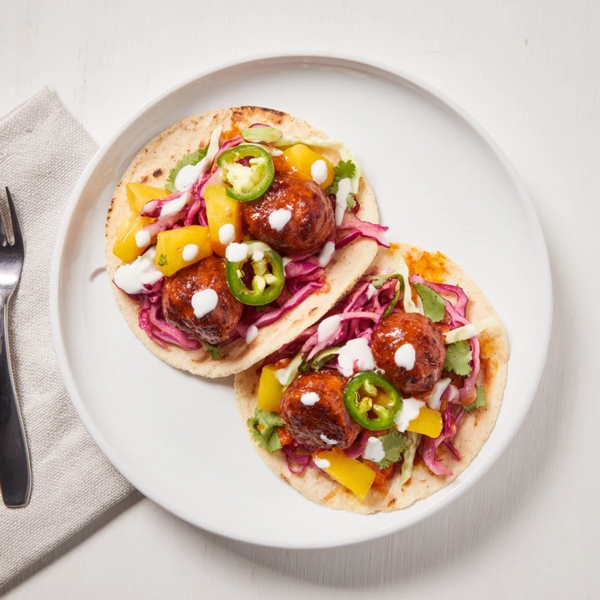 Saftige Currywurst-Tacos mit würziger, eingelegter Mango und frischem Gemüse.