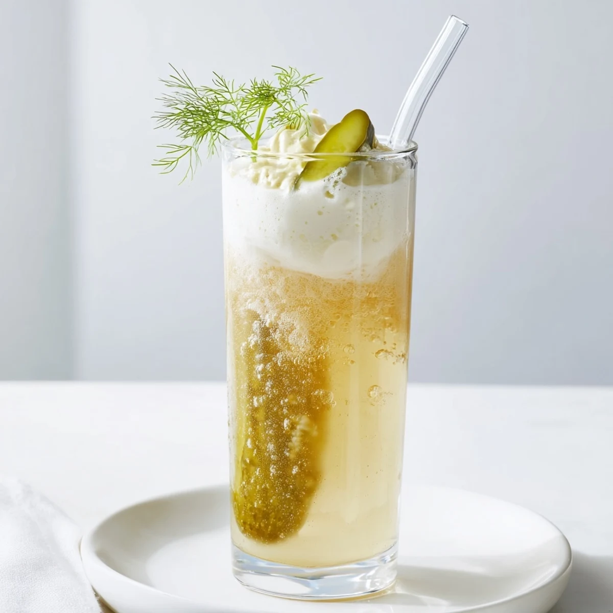 Erfrischender Dill Pickle Radler Soda Float mit cremigem Vanilleeis und Dill.