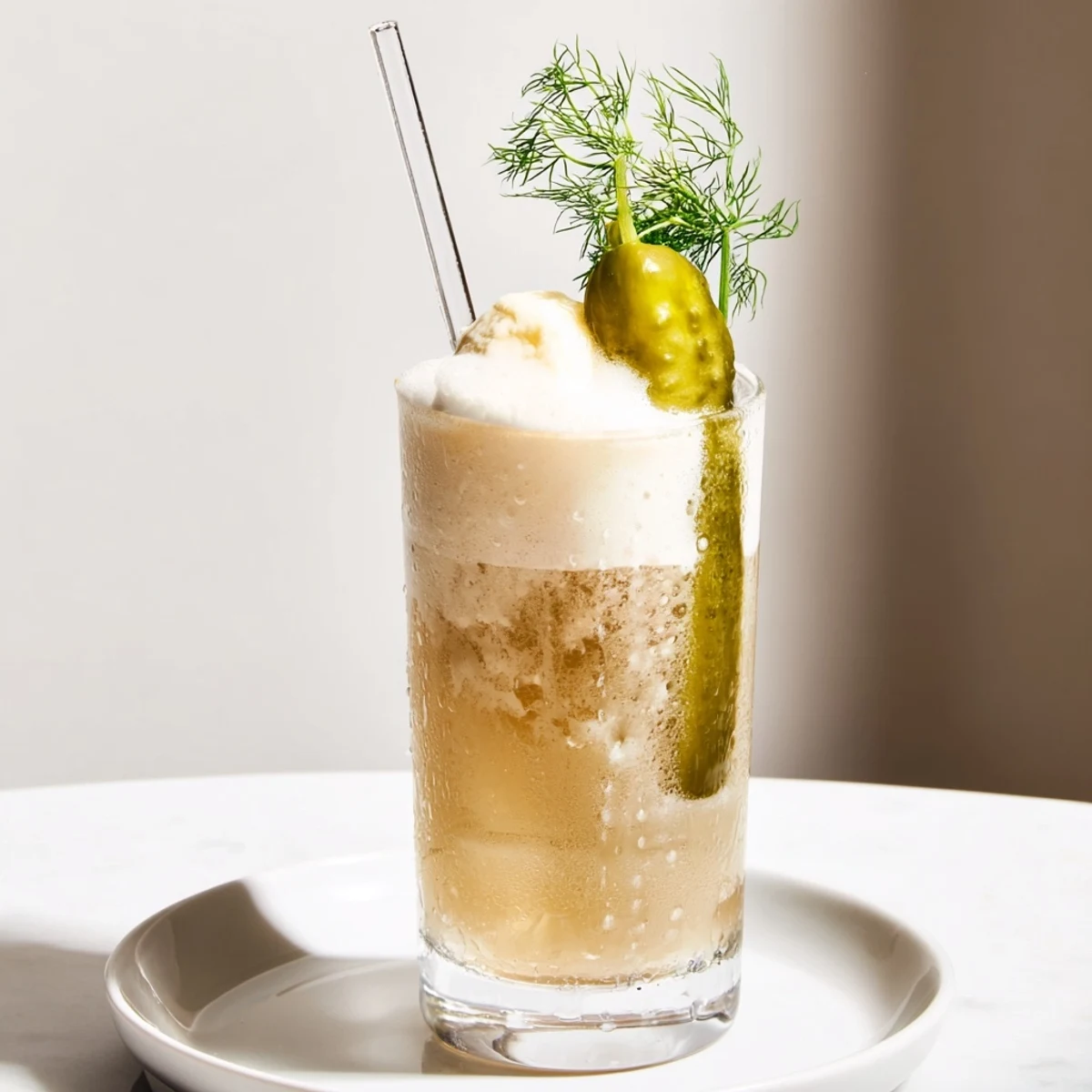 Tangy Dill Pickle Radler Soda Float verleiht einem Sommerklassiker einen frischen Twist.