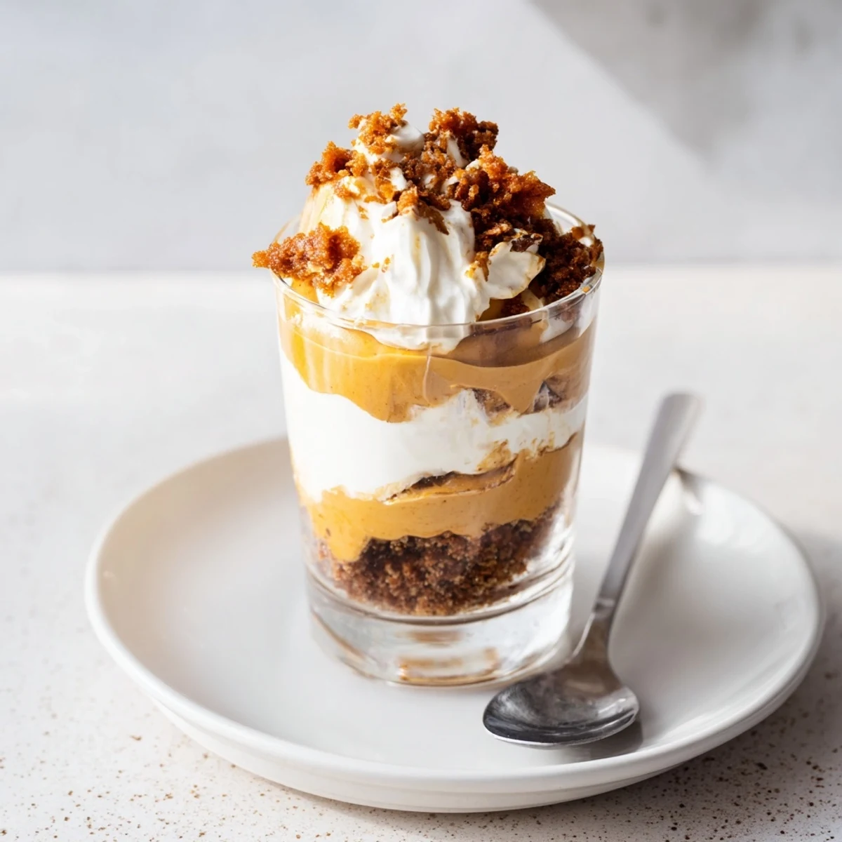 Köstliche Lebkuchen-Pumpkin-Parfait-Tassen mit lockerem Sahnetopping und Gewürzen.