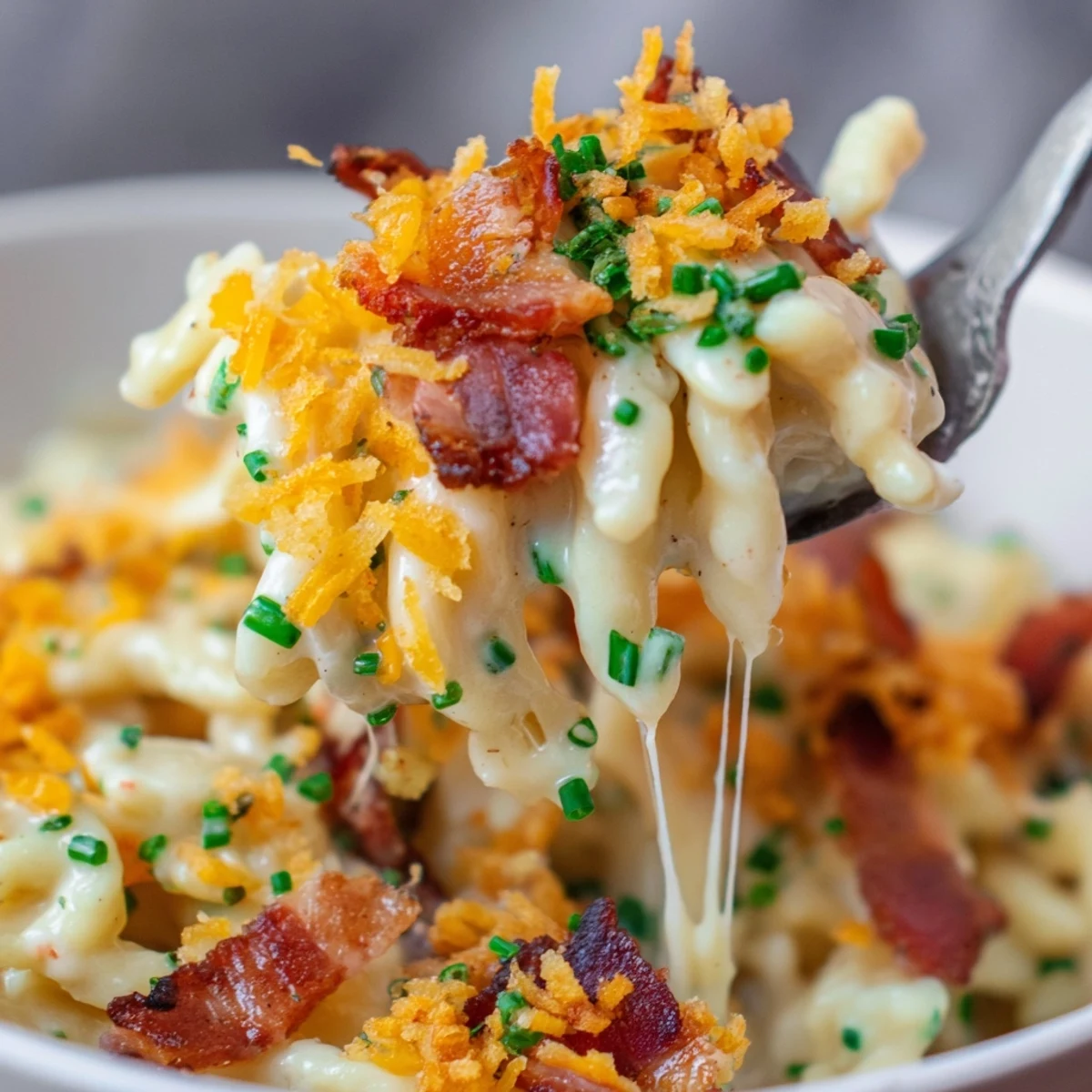 Kremige Spätzle Mac and Cheese Chaos Bowl mit knusprigem Speck und frisch gehackten Kräutern.