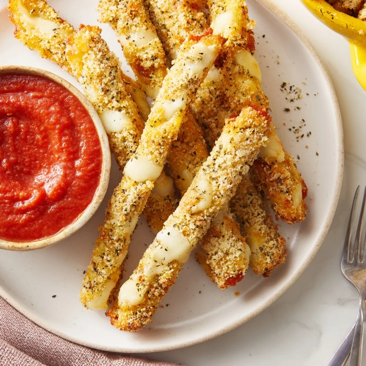 Krosse, vegane Kartoffelpizza-Sticks mit geschmolzenem Käse und würzigem Dip.