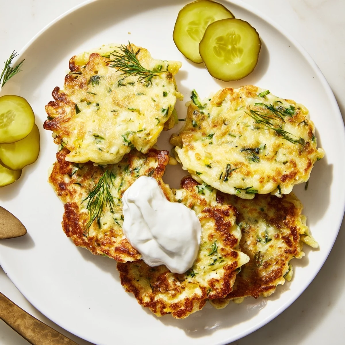 Goldene Pickle Juice Spaetzle Fritters, knusprig gebraten und serviert mit Sauerrahm.