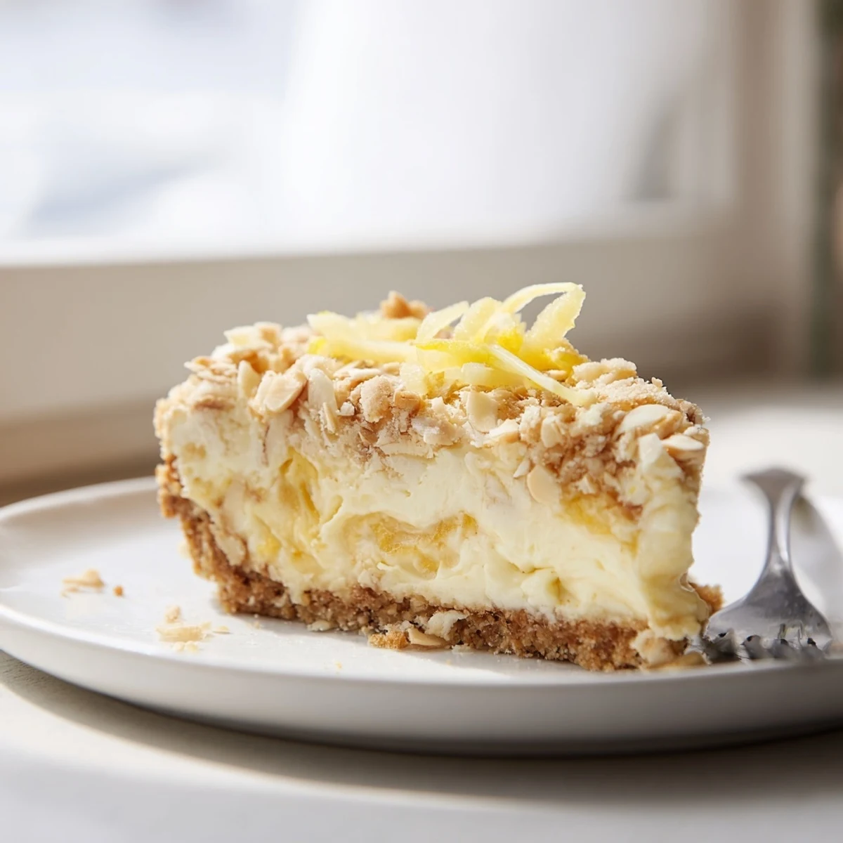 Cremiger Pickled Ginger Streusel Cheesecake mit knuspriger Topping-Oberfläche und erfrischendem Geschmack.