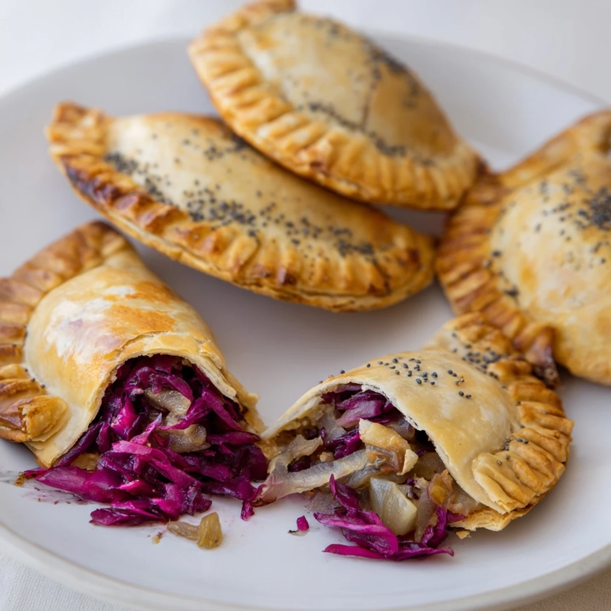 Flakey Red Cabbage Strudel Empanadas with a sweet apple and walnut filling.