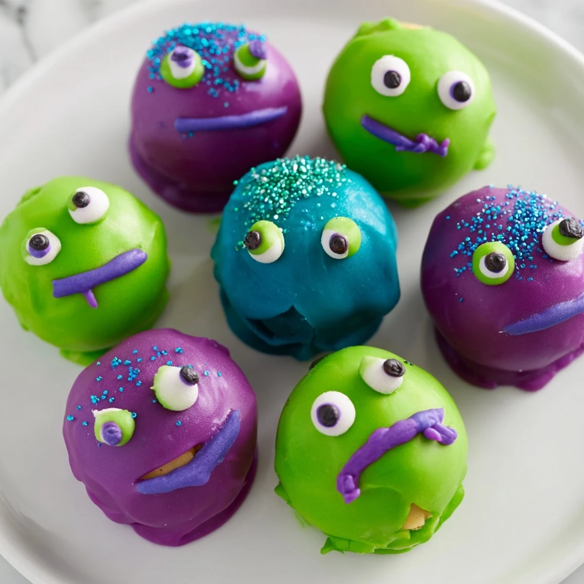 Leckere Marzipan-Monsterkuchen-Trüffel, in Schokolade eingetaucht und bunt dekoriert.