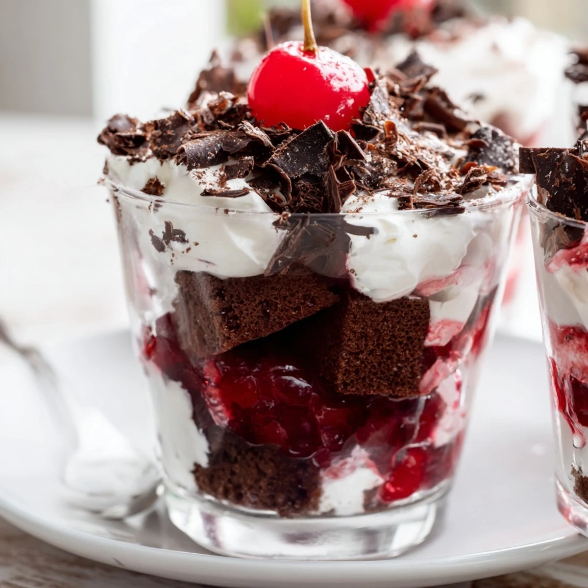 Saftig-schokoladiger Ginger Soda Black Forest Trifle mit fruchtiger Kirschschicht und Sahne.
