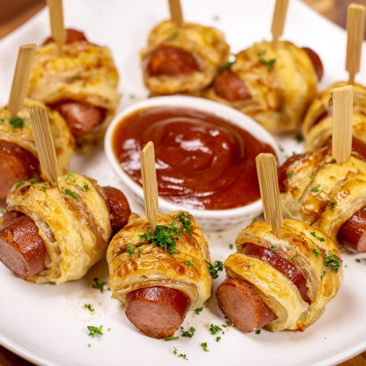 Festliche Currywurst Puff Pops in leicht goldbraunem Blätterteig mit würziger Soße.