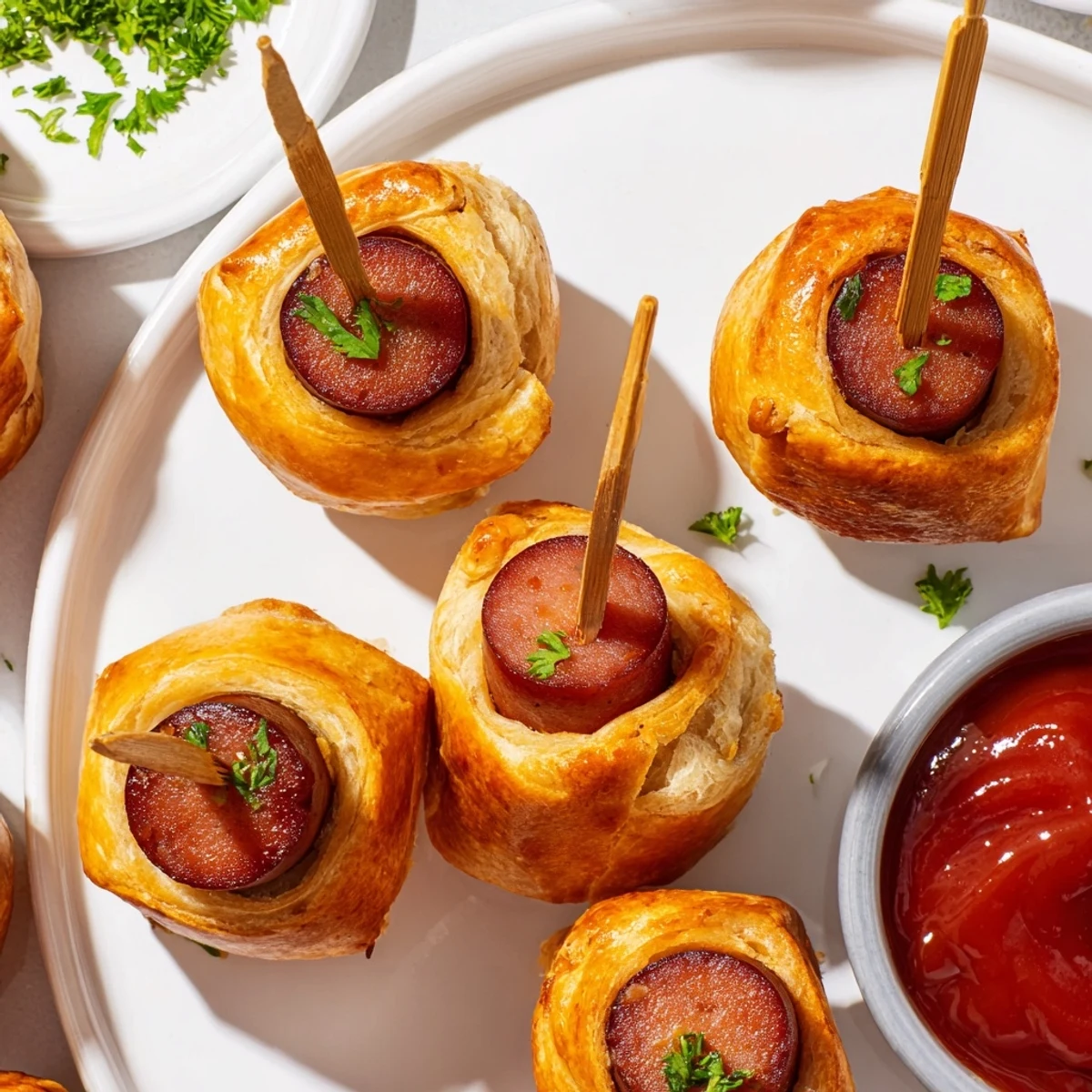 Bunte Currywurst Puff Pops serviert auf einem festlichen Teller, ideal für Partys.