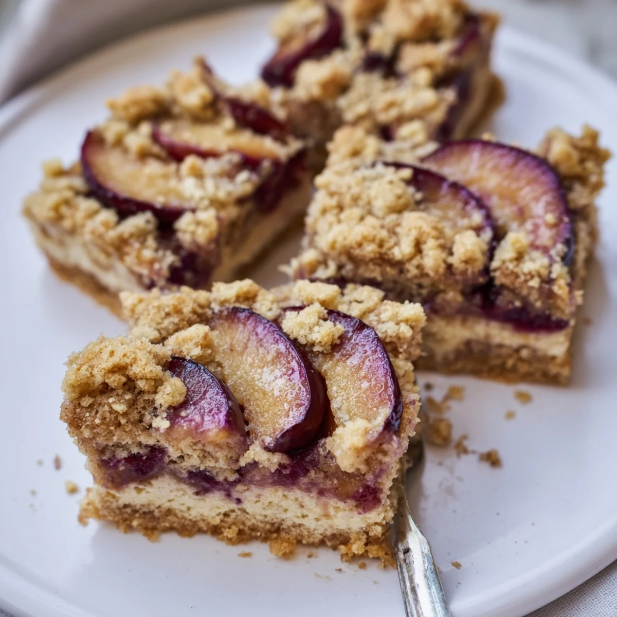 Luscious cream soda plum streusel squares with juicy plums and buttery topping.