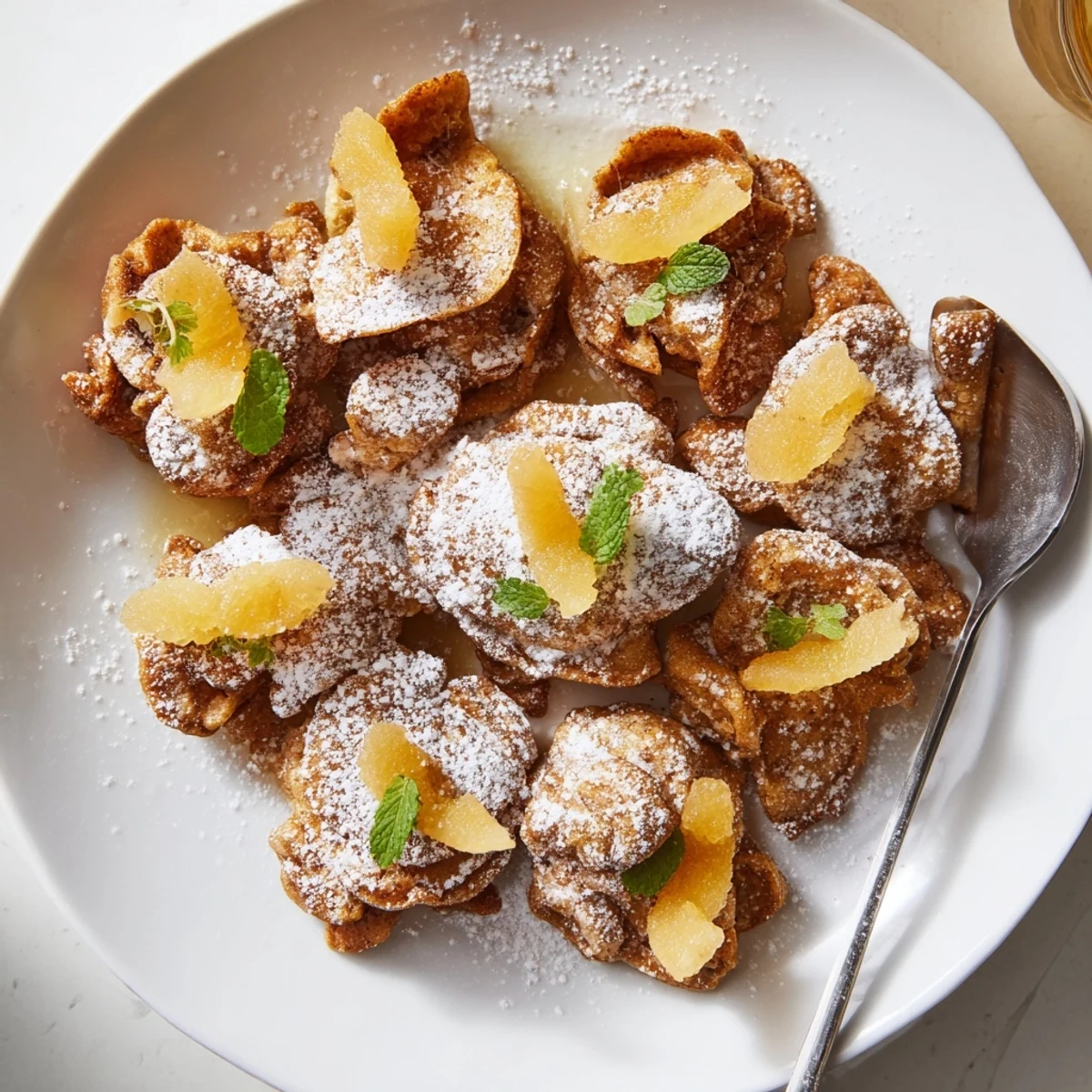 Kleine Kaiserschmarrn-Bisse, gewürzt mit Ingwer, serviert mit eingelegtem Ingwer.  