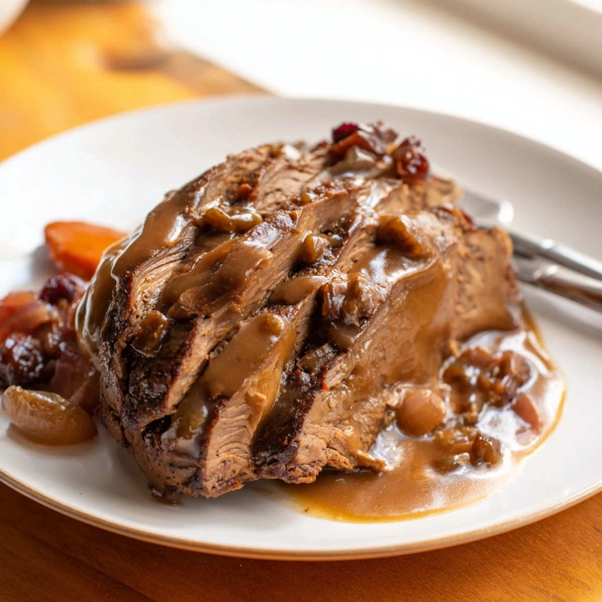 Langsam gekochter Sauerbraten-Stil-Rinderbraten mit aromatischer Soße und Rosinenstückchen.