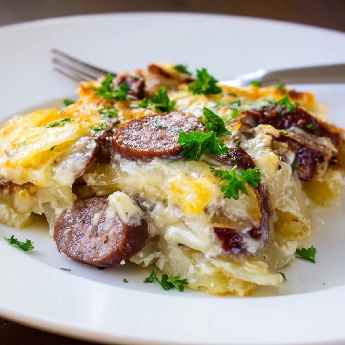 Saftige Bratwurst Kartoffelauflauf, überbacken mit geschmolzenem Käse und frischen Kräutern.  