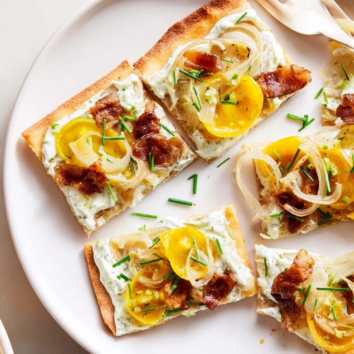 Crispy Mini Onion Tart Flammkuchen Bites topped with smoky bacon and sweet onions.  
