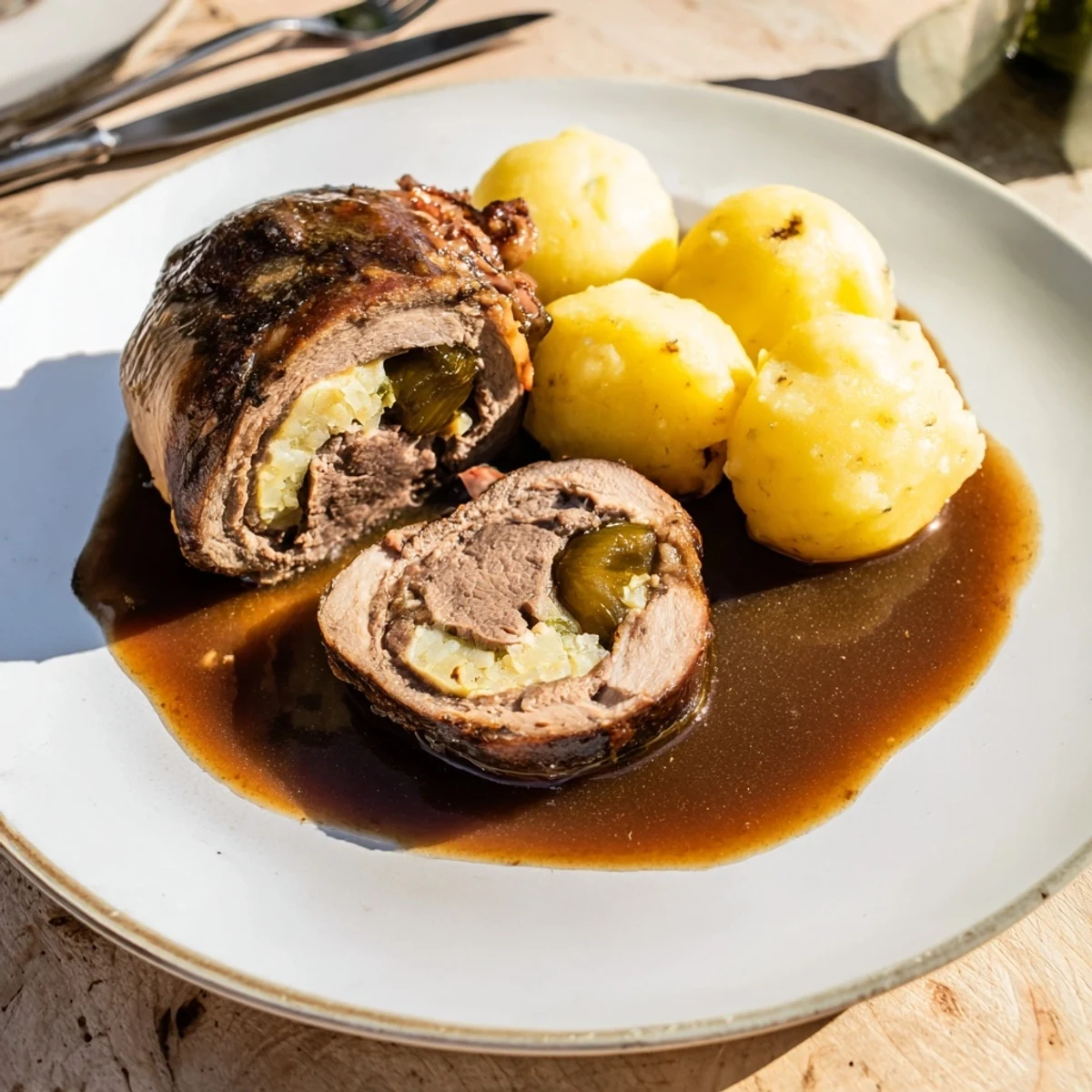 Zartes Rinderrouladen-Rezept gefüllt mit Speck und Gewürzgurken, serviert mit Kartoffelklößen.  
