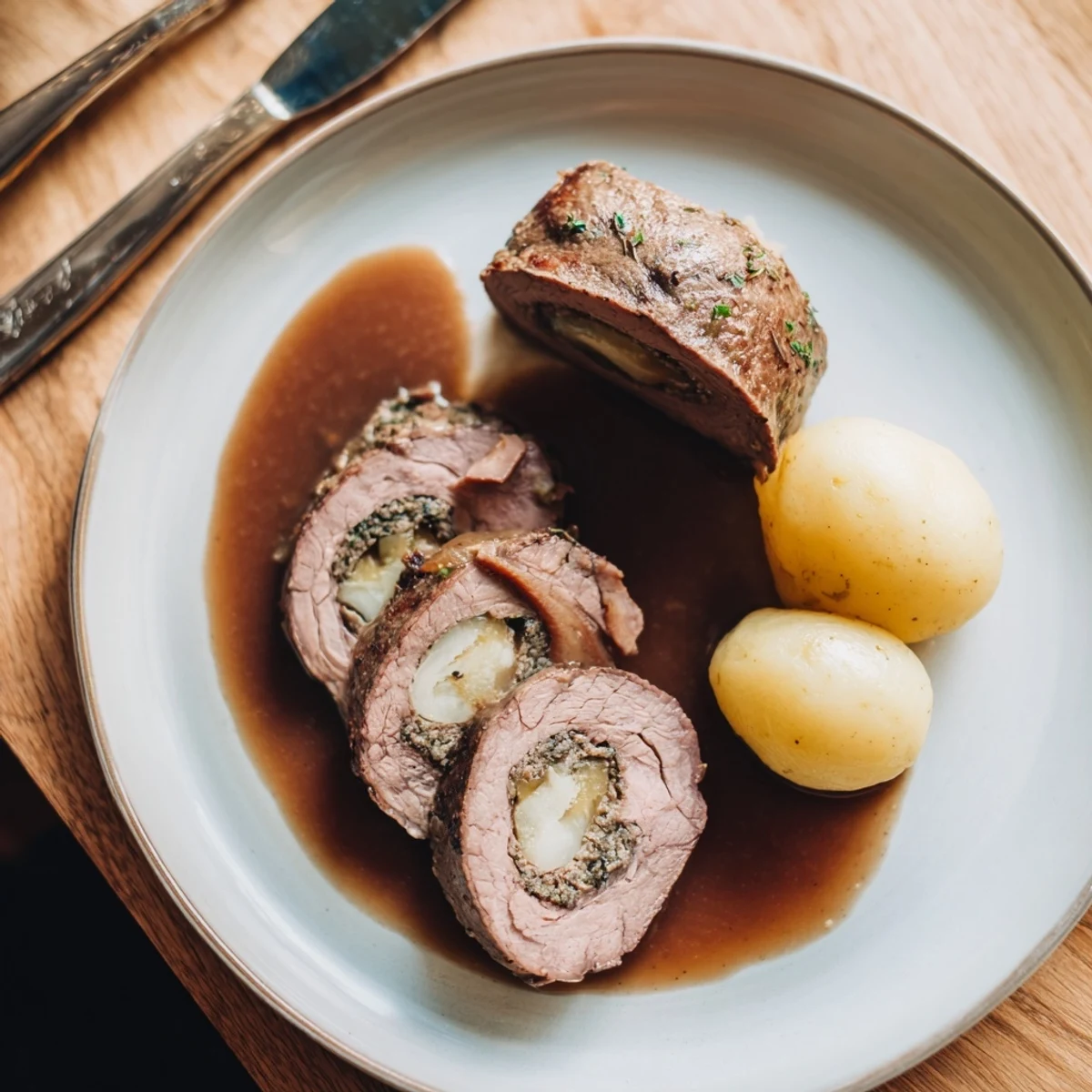 Saftige Rinderrouladen mit Senf, Bacon und Kartoffelklößen in herzhaftem Bratensaft.