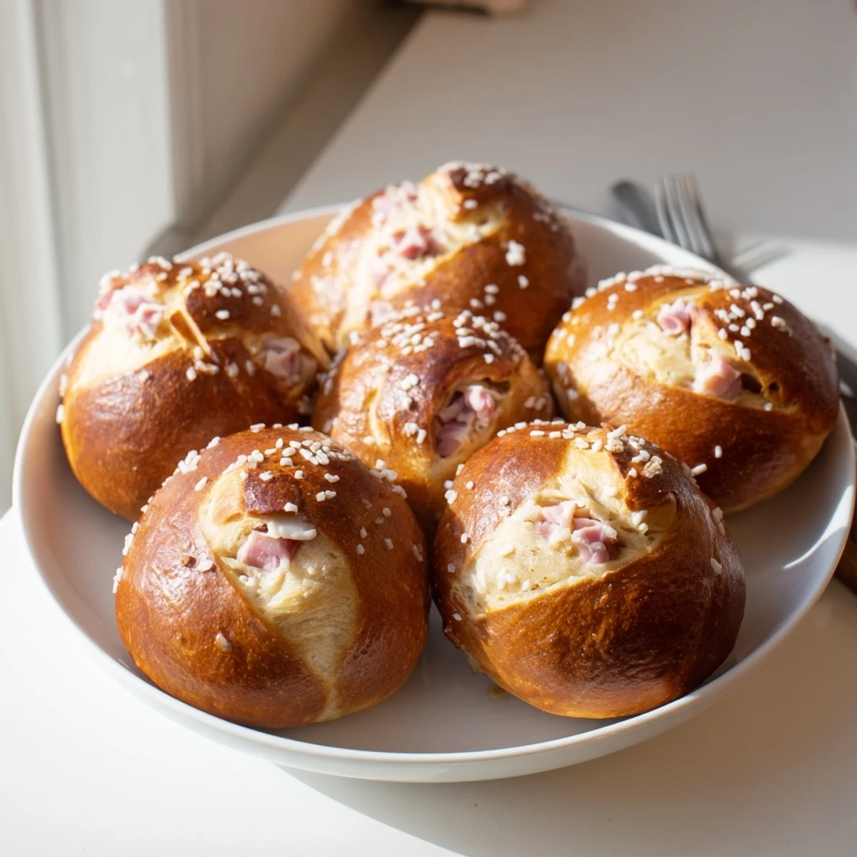 Weiche, goldene Brezelbrötchen gefüllt mit köstlichem Schinken und schmelzendem Käse.