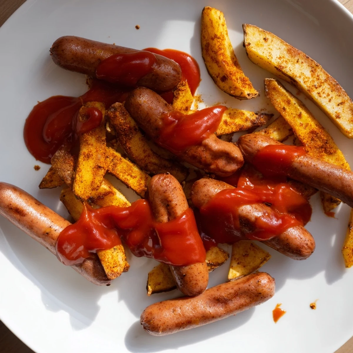 Saftige Currywurst mit würziger Sauce, serviert mit knusprigen Ofenfries.  