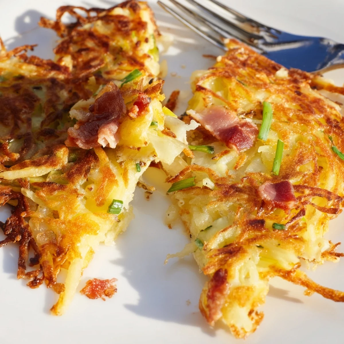 Goldene Käse- und Speckkartoffelrösti, ideal für Frühstück oder herzhaften Brunch.  