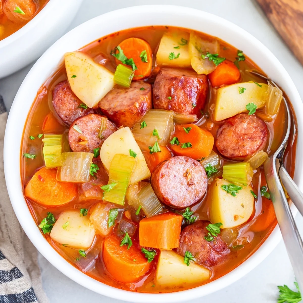 Ein rustikales Smoked Sausage Stew, perfekt für eine gemütliche Familienmahlzeit.