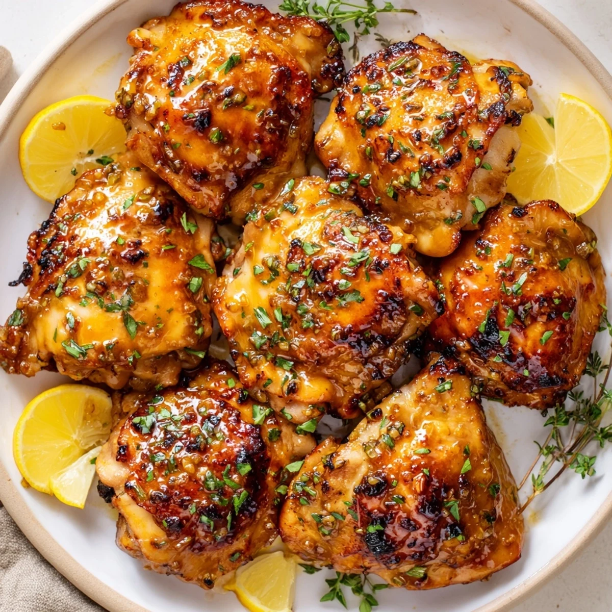 Zarte Hähnchenschenkel, mariniert in bayerischem süßen Senf und Honig, frisch geröstet.  