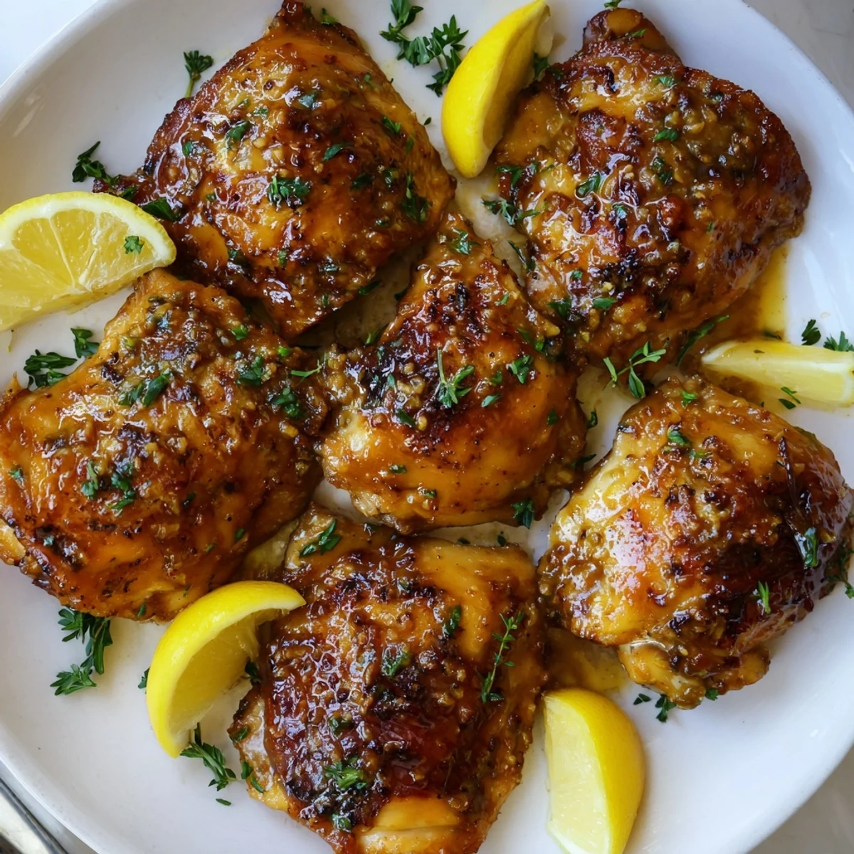 Goldbraun gebratene Hähnchenschenkel mit bayerischem süßen Senf, ideal zu Kartoffeln.