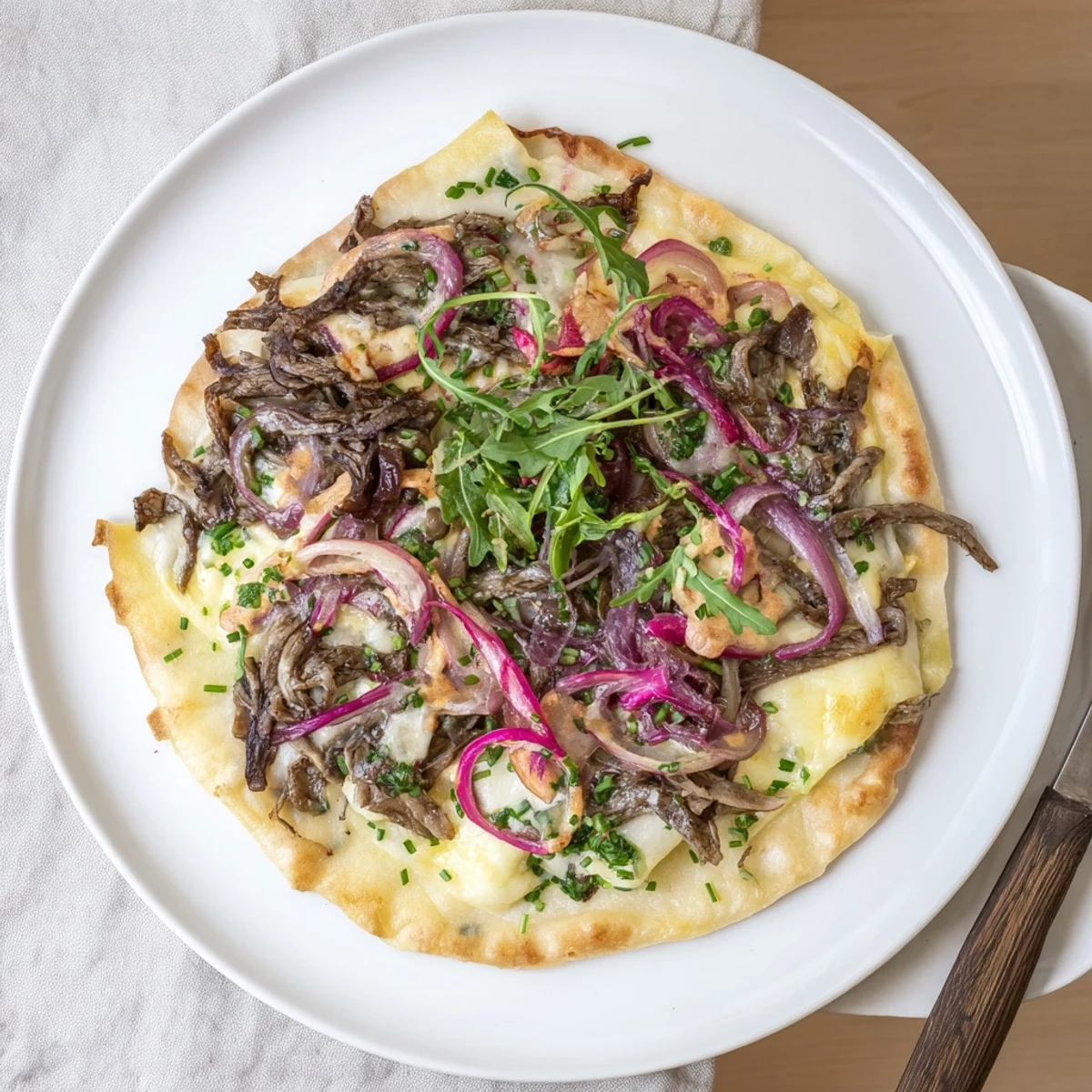Herzhaften Maultaschen-Fladenbrot, frisch gebacken und mit goldenen Zwiebeln garniert.  