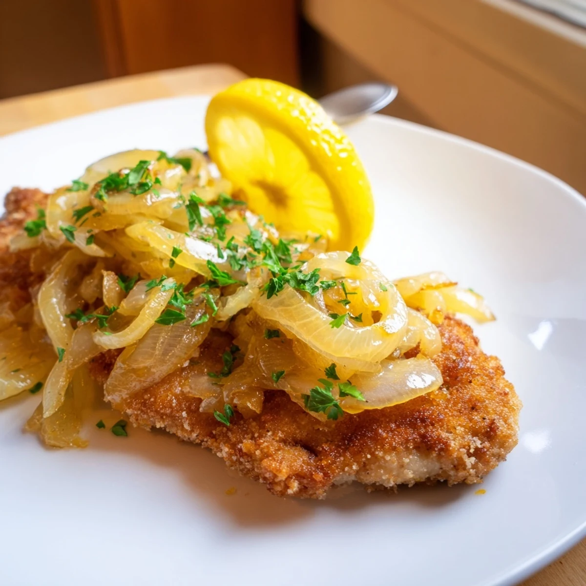 Crispy Karamellisierte Zwiebel-Schnitzel, serviert mit Zitronenscheiben und köstlichen Beilagen.