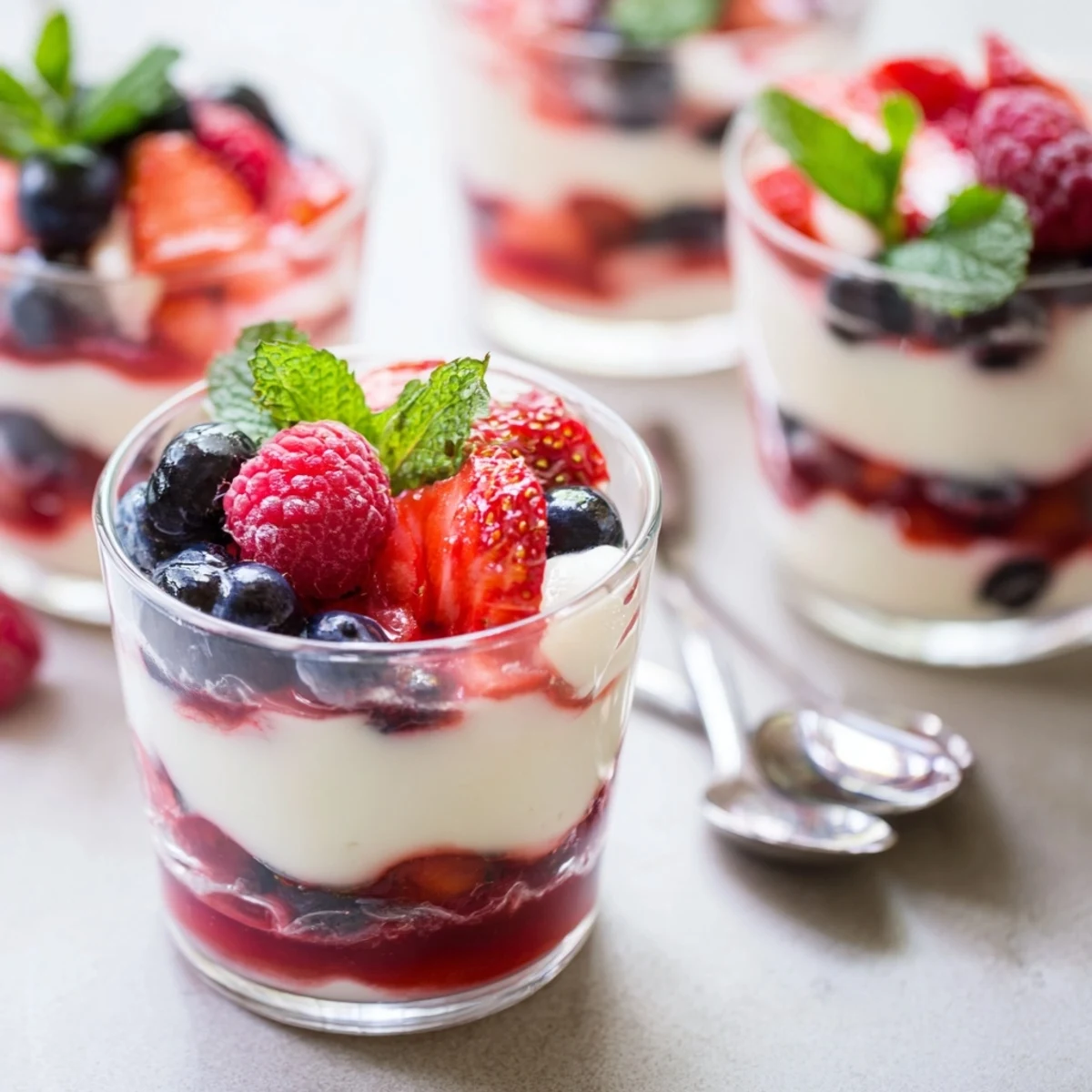 Cremige Berry Bavarian Yogurt Cups, geschichtet mit frischen Beeren und Minze.  