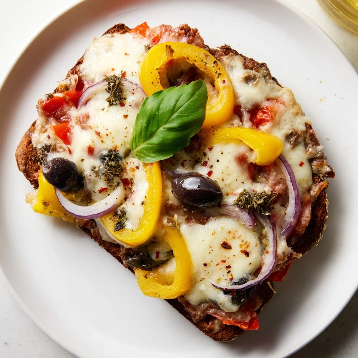 Marble-Roggen-Pizza-Toast auf knusprigem Brot, aromatisch und voller Käse.  